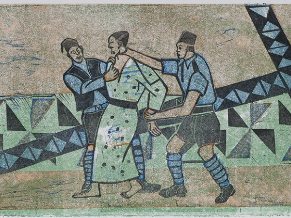 Print of a figure carrying a large cross walking while two other figures hold him and reach for his clothes.